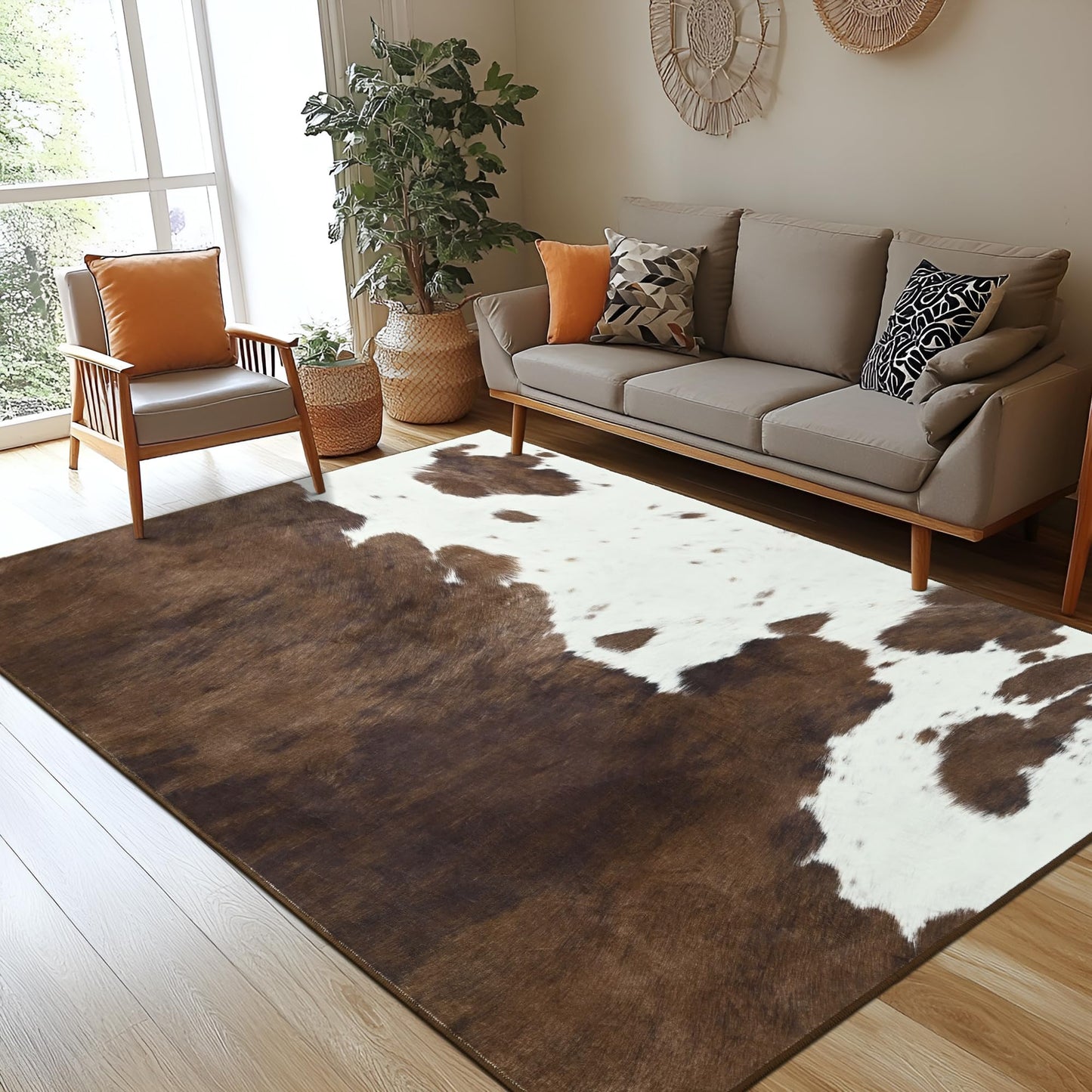 Foxmas Cow Print Rugs for Living Room, 5x7 Feet Washable Non-Slip Indoor Floor Rug, Carpet for Bedroom Dining Room Kitchen Office Western Home Decor, Brown