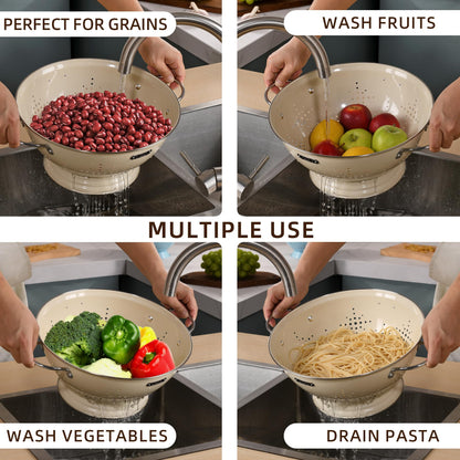 Metal Colander 2 Pack, Strainer Bowel with Handles 2Qt & 6Qt Powder Coated Solid Ring Base Heavey Duty Kitchen Drainer Basket for Pasta Veggies and Fruits,New Home Apartment Essentials (Almond Cream)