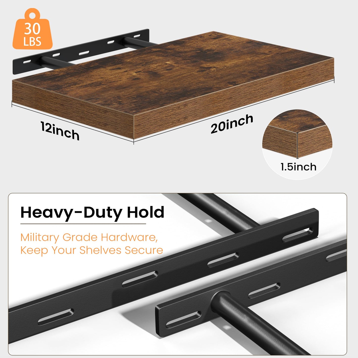 Floating Shelves Set of 2, 12 Inch Deep Floating Shelves with Heavy Duty Brackets, 20'' Rustic Wood Wall Mounted Shelf for Bathroom, Bedroom, Living Room & Kitchen, Modern Home Decor Storage, Brown