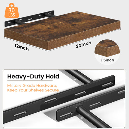 Floating Shelves Set of 2, 12 Inch Deep Floating Shelves with Heavy Duty Brackets, 20'' Rustic Wood Wall Mounted Shelf for Bathroom, Bedroom, Living Room & Kitchen, Modern Home Decor Storage, Brown