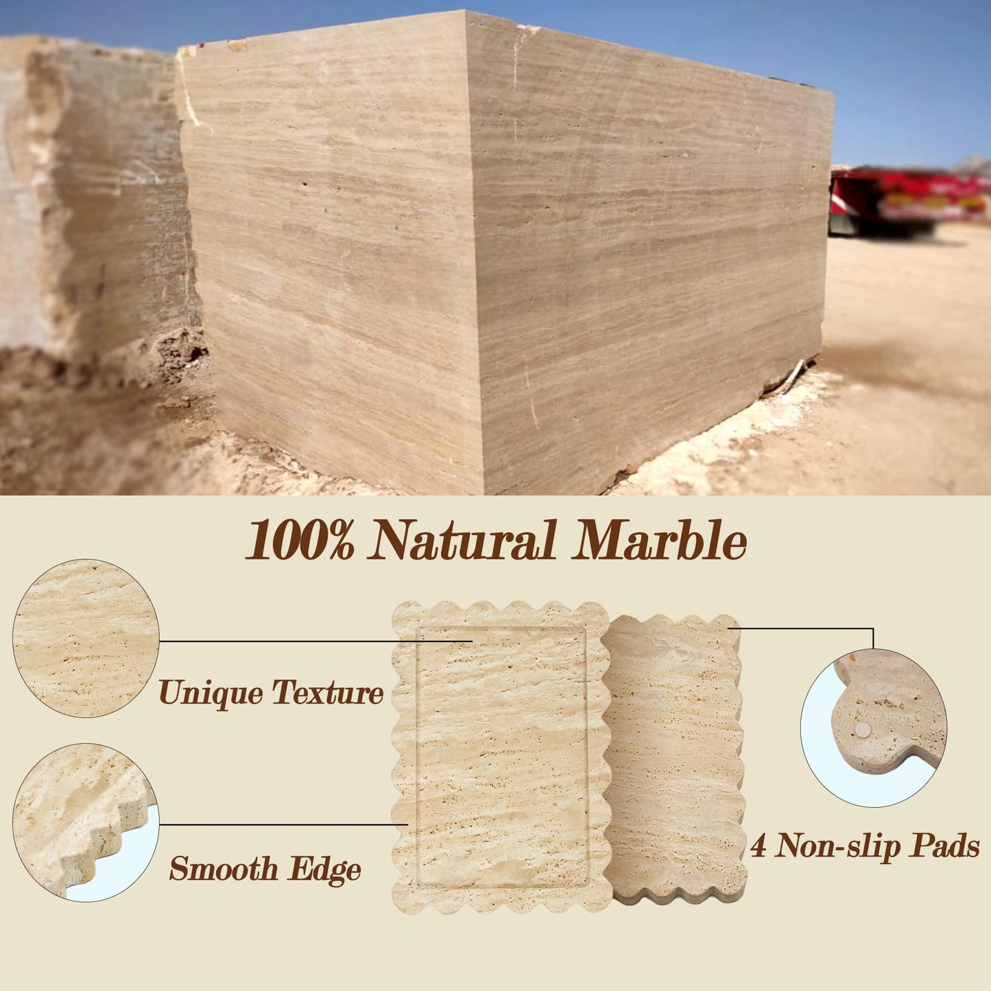 YMXYJM Genuine Travertine Scalloped Marble Tray, Real Natural Marble Stone Trays, Luxury Decorative Trays for Bathroom, Dresser, Vanity, Kitchen, Home Decor, 10.6" x 8", Travertine Beige