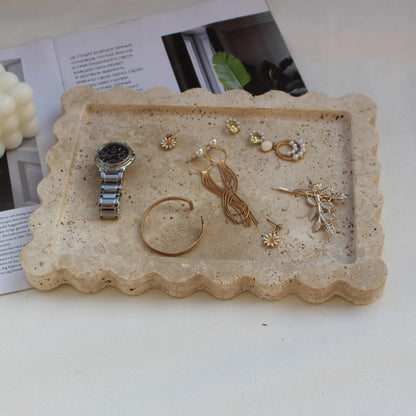 Natural Luxury Scalloped Marble Tray 10.8"x8", Rectangle Vanity Tray for Bathroom Kitchen Counter, Decorative Tray for Dresser Home Decor - Beige Travertine