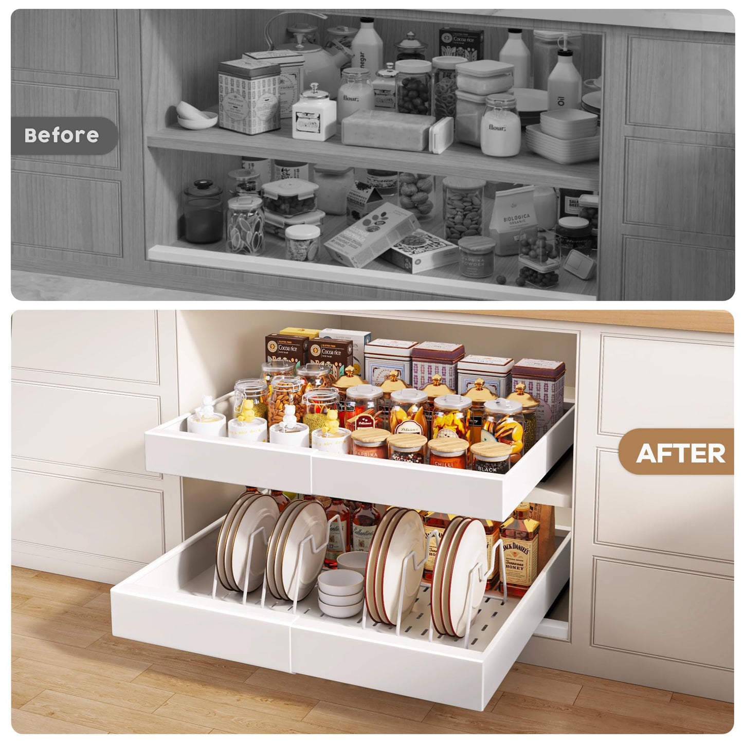 Seinloes 2 Pack Pull out Cabinet Organizer 21"Deep With Raising Pad for Framed Cabinets, Expandable Slide out Drawers for Kitchen Cabinets with 4pcs Divider Racks, Roll out Shelves 12.1"-20.4" W White
