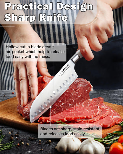 Cook N Home Kitchen Knife Set with Bamboo Storage Block 15-Piece, High Carbon Stainless Steel Blade, White