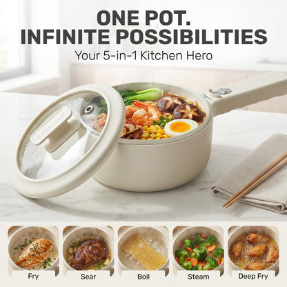 Ceramax PRO 2.5L Electric Hot Pot with Lid & Steamer, All in 1 Non Toxic Ceramic Cooker Skillet Hotpot and Deep Fryer Pot for Ramen, for Dorms, Camping, RVs, Adjustable Temp. - New Improved 2026 Model