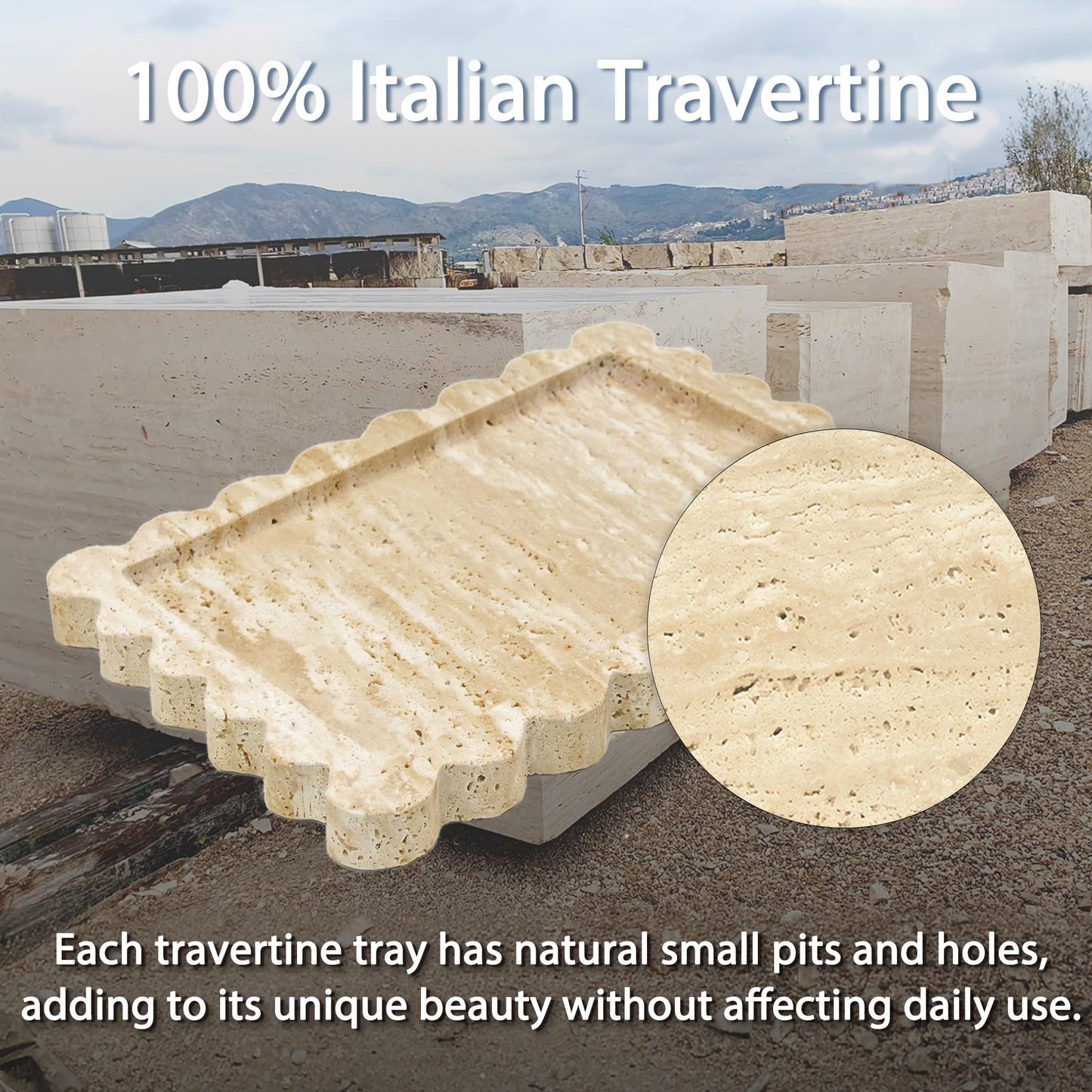 YMXYJM Genuine Travertine Scalloped Marble Tray, Real Natural Marble Stone Trays, Luxury Decorative Trays for Bathroom, Dresser, Vanity, Kitchen, Home Decor, 10.6" x 8", Travertine Beige