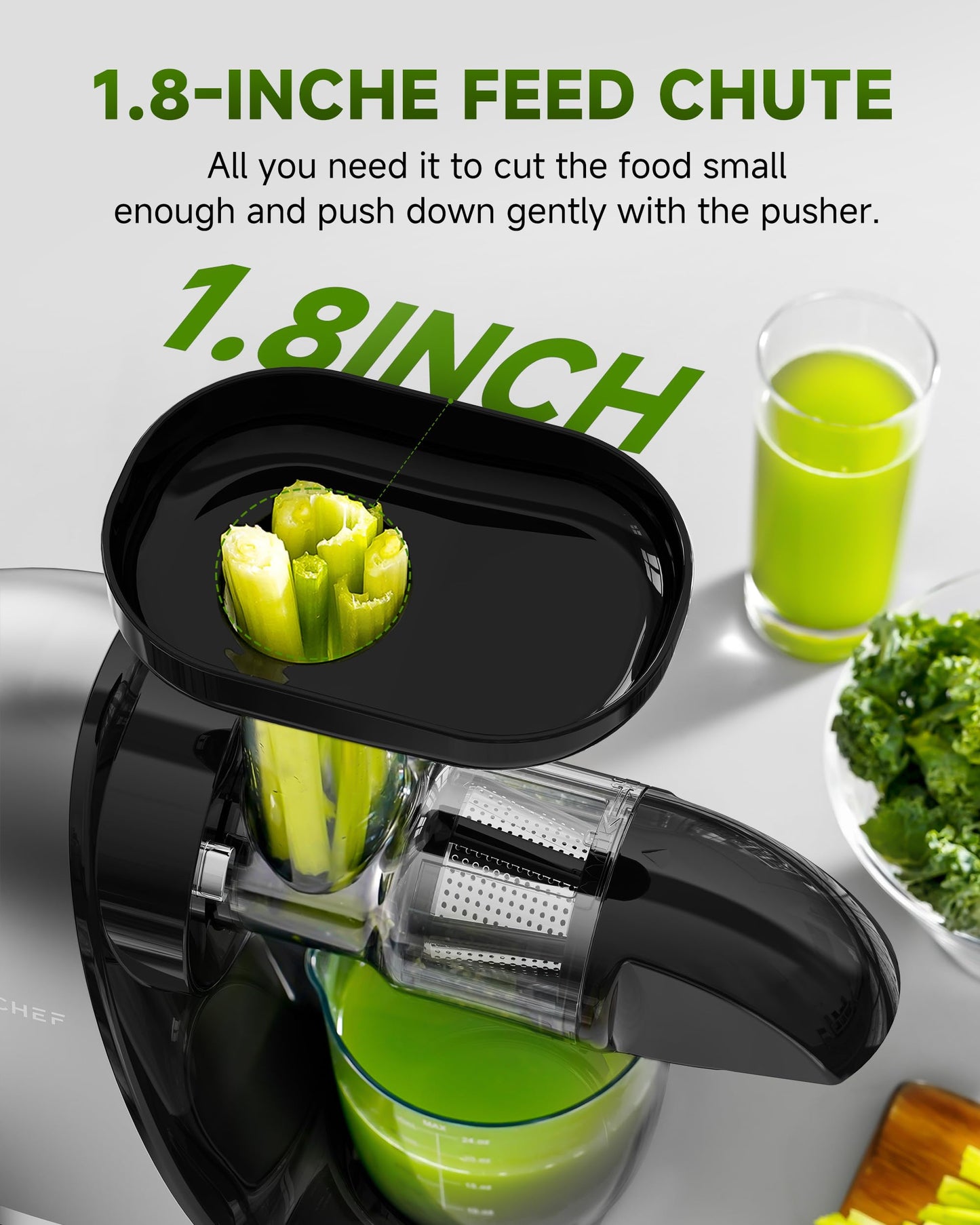 AMZCHEF Cold Press Masticating Juicer Machine - 90% Yield Reverse System, Quiet Motor for Home & Breakfast, 3-Step Clean with Brush, Includes 50+ Juice Recipes, Light Grey