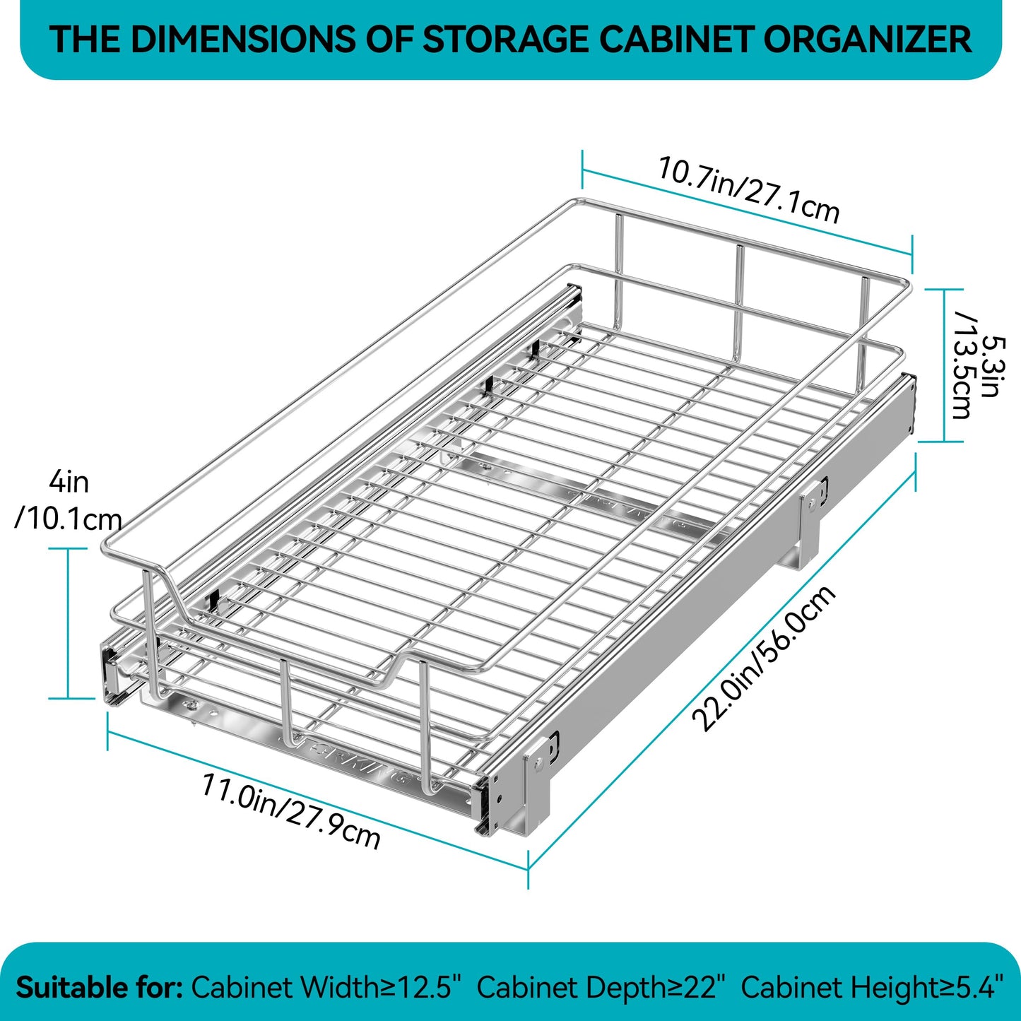 Pull Out Cabinet Organizer 11" W X 22" D, Slide Out Drawers For kitchen organizers and storage, Pull Out Drawers For Cabinets Capacity Heavy Duty Caddy, Cabinet Shelves Chrome-Plated, Bathroom Pantry