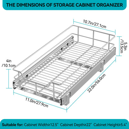 Pull Out Cabinet Organizer 11" W X 22" D, Slide Out Drawers For kitchen organizers and storage, Pull Out Drawers For Cabinets Capacity Heavy Duty Caddy, Cabinet Shelves Chrome-Plated, Bathroom Pantry