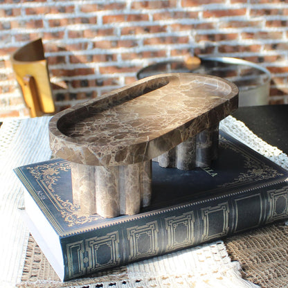Natural Travertine Marble Oval Tray with 2 Legs, 10" Vanity Decorative Tray for Countertop Organizer, Catchall Tray for Perfume, Candles, Jewelry Dish