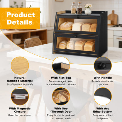 Hwwelis Bamboo Double Layer Bread Box for Kitchen Counter - 2 Layer Large Breadbox for Countertop Organizer - Bread Storage Boxes Container Bin for Homemade Bread - Black