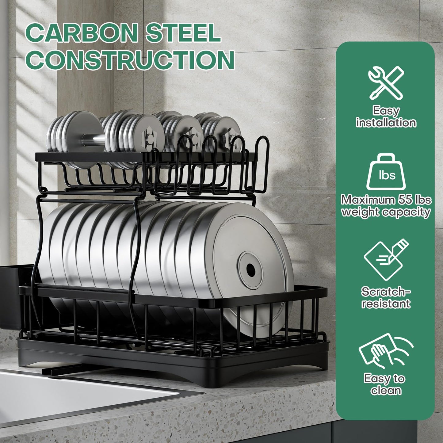 2 Tier Dish Rack, Carbon Steel Dish Drying Rack for Kitchen Organization & Storage, Countertop / Sink Dish Rack with Automatic Drain Tray, Large Capacity Black Dish Rack - Essential Home Kitchen Item