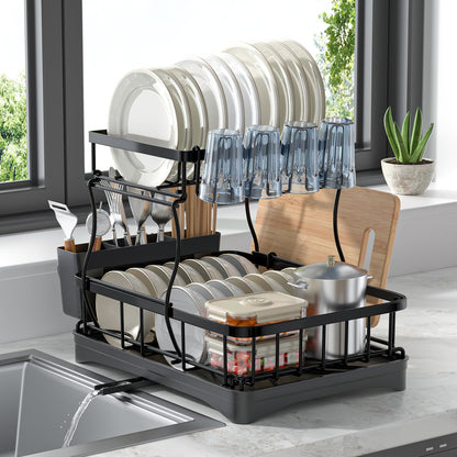 2 Tier Dish Rack, Carbon Steel Dish Drying Rack for Kitchen Organization & Storage, Countertop / Sink Dish Rack with Automatic Drain Tray, Large Capacity Black Dish Rack - Essential Home Kitchen Item