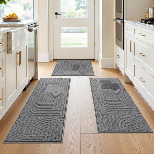 U'Artlines Kitchen Rugs and Mats Set of 3, Non Skid Washable Grey Geometric Kitchen Mats for Floor, Absorbent and Stain Resistant Floor Mat for Laundry, Sink Decor 20x32+20x48+20x59