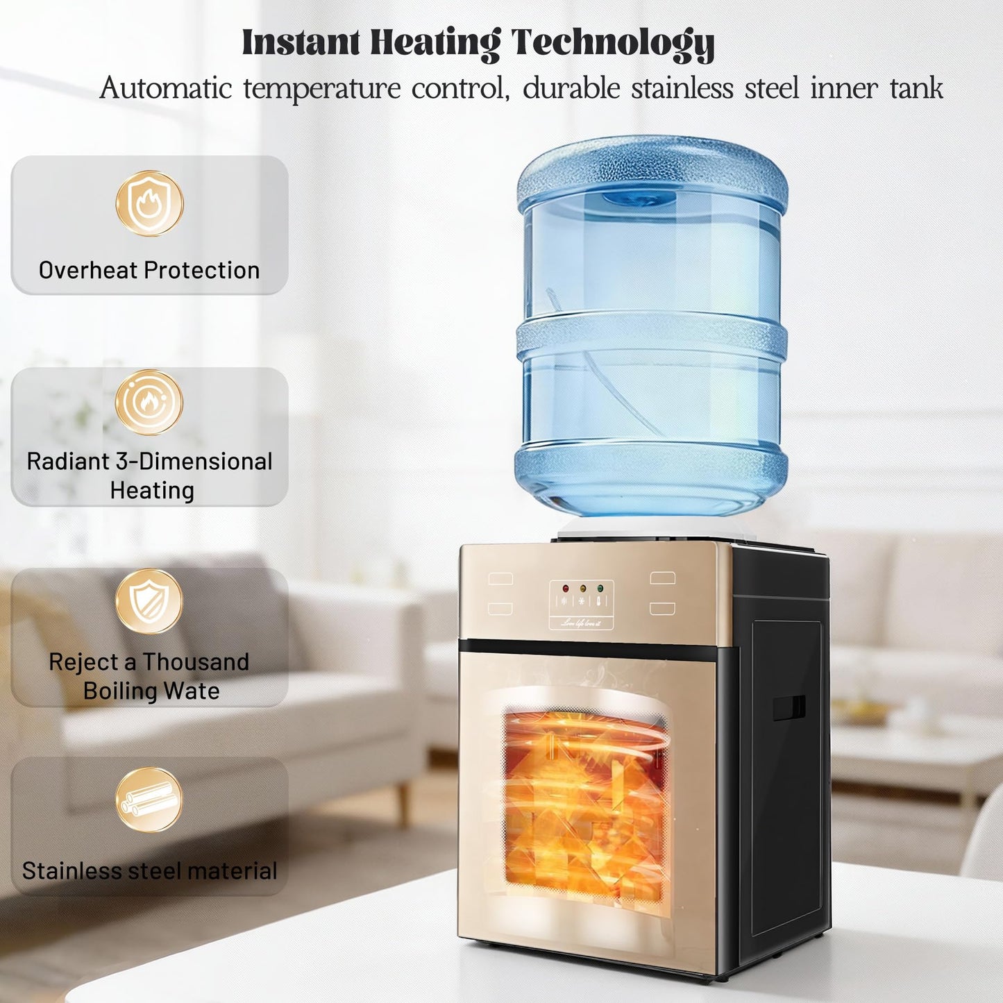 Top-Loading Countertop Water Dispenser for 1.2 to 5 Gallon Bottles, Hot & Cold Water Cooler Dispenser with Rotating Dual Spout, No-Press Dispensing, Visual Door Cover for Kitchen, Office, Bedside Use