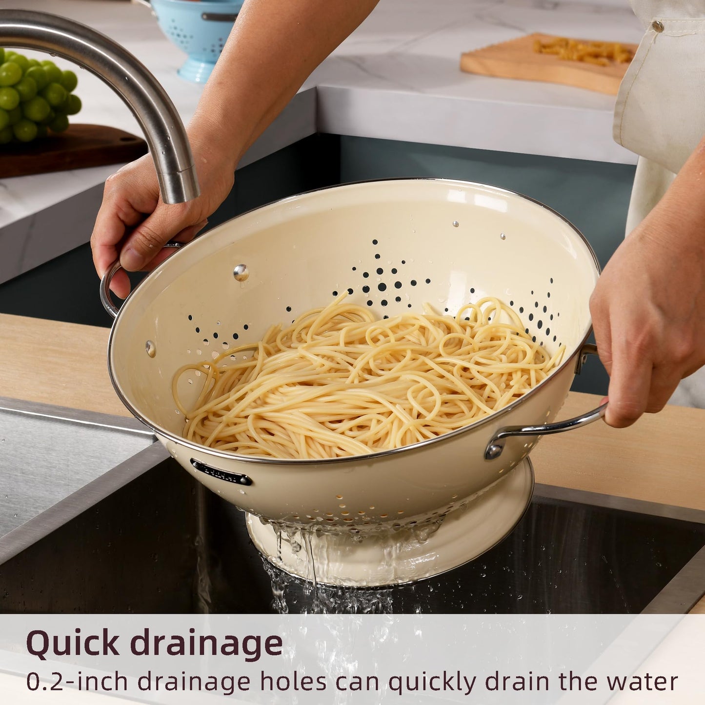 Metal Colander 2 Pack, Strainer Bowel with Handles 2Qt & 6Qt Powder Coated Solid Ring Base Heavey Duty Kitchen Drainer Basket for Pasta Veggies and Fruits,New Home Apartment Essentials (Almond Cream)