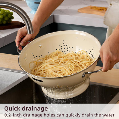 Metal Colander 2 Pack, Strainer Bowel with Handles 2Qt & 6Qt Powder Coated Solid Ring Base Heavey Duty Kitchen Drainer Basket for Pasta Veggies and Fruits,New Home Apartment Essentials (Almond Cream)