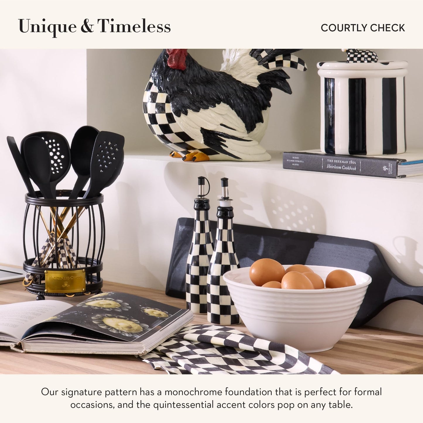 MACKENZIE-CHILDS Farmhouse Oil Cruet, Ceramic Oil-Dispenser Bottle, Black-and-White Courtly Check