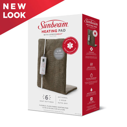 Sunbeam Premium King-Size Heating Pad with XpressHeat Technology, Electric Pad for Neck, Shoulder & Back Pain, Brown