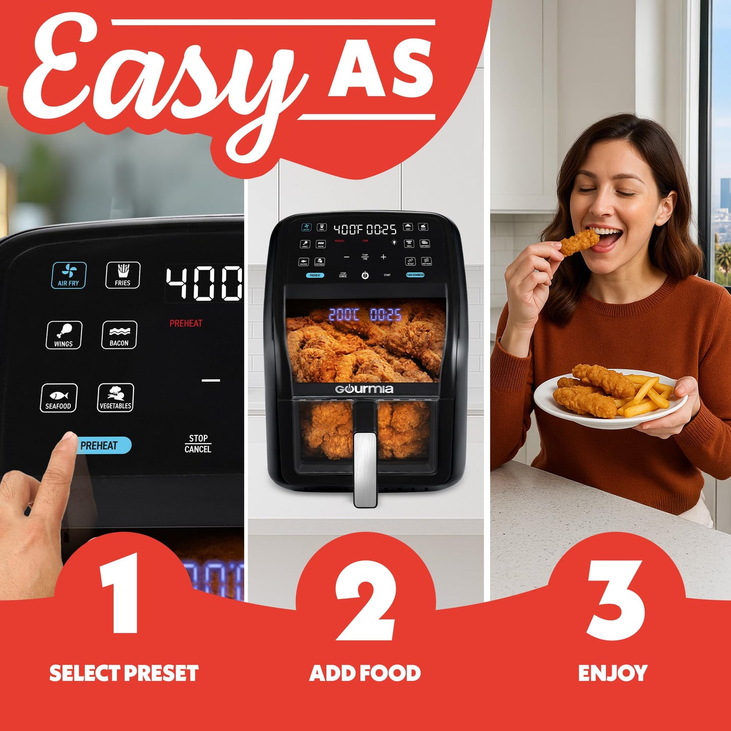 Gourmia Air Fryer 7 QT - Easy View Panorama Window & Interior Light, Guided Cooking with 12 One-Touch Presets, FryForce 360, Dishwasher Safe Accessories, Black
