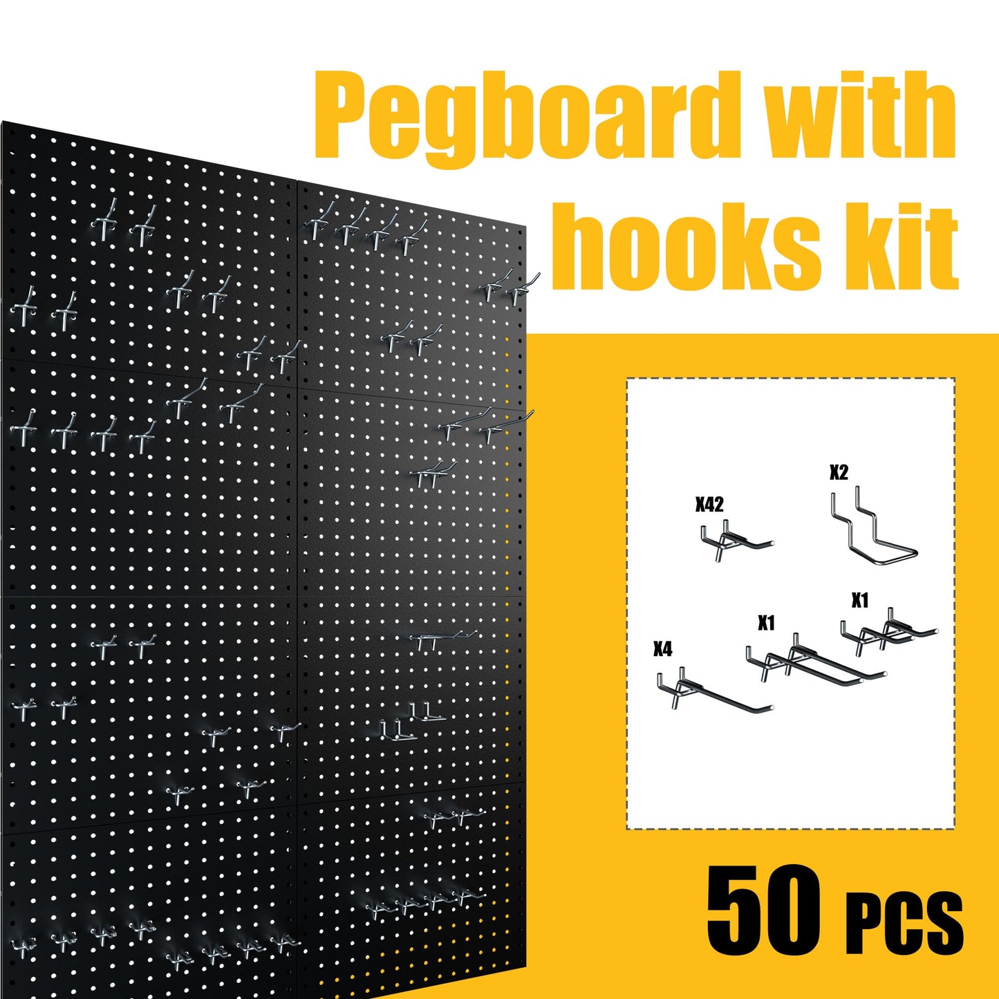 Spampur Peg Board, 8 Pack Metal Pegboard Panels with 50 Hooks, Black Pegboards Wall Organizer, Heavy Duty Peg Board for Walls Home, Garage Tool Storage, Office Organization, Craft Room, Kitchen