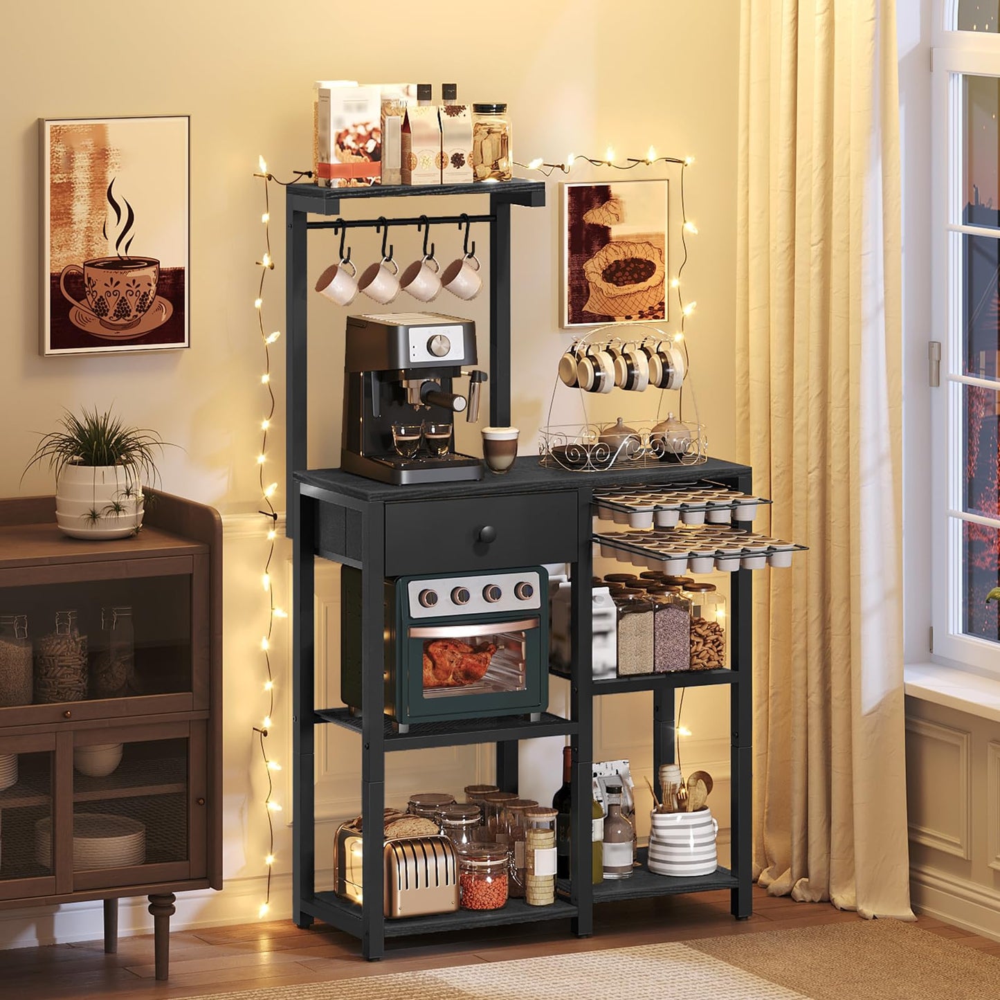 YATINEY Bakers Rack with Storage, 5-Tier Coffee Bar Station with Drawer, Kitchen Coffee Stand with Pod Drawer Holder, for Living Room, Home Cafe, Kitchen, Black KF60BBY1