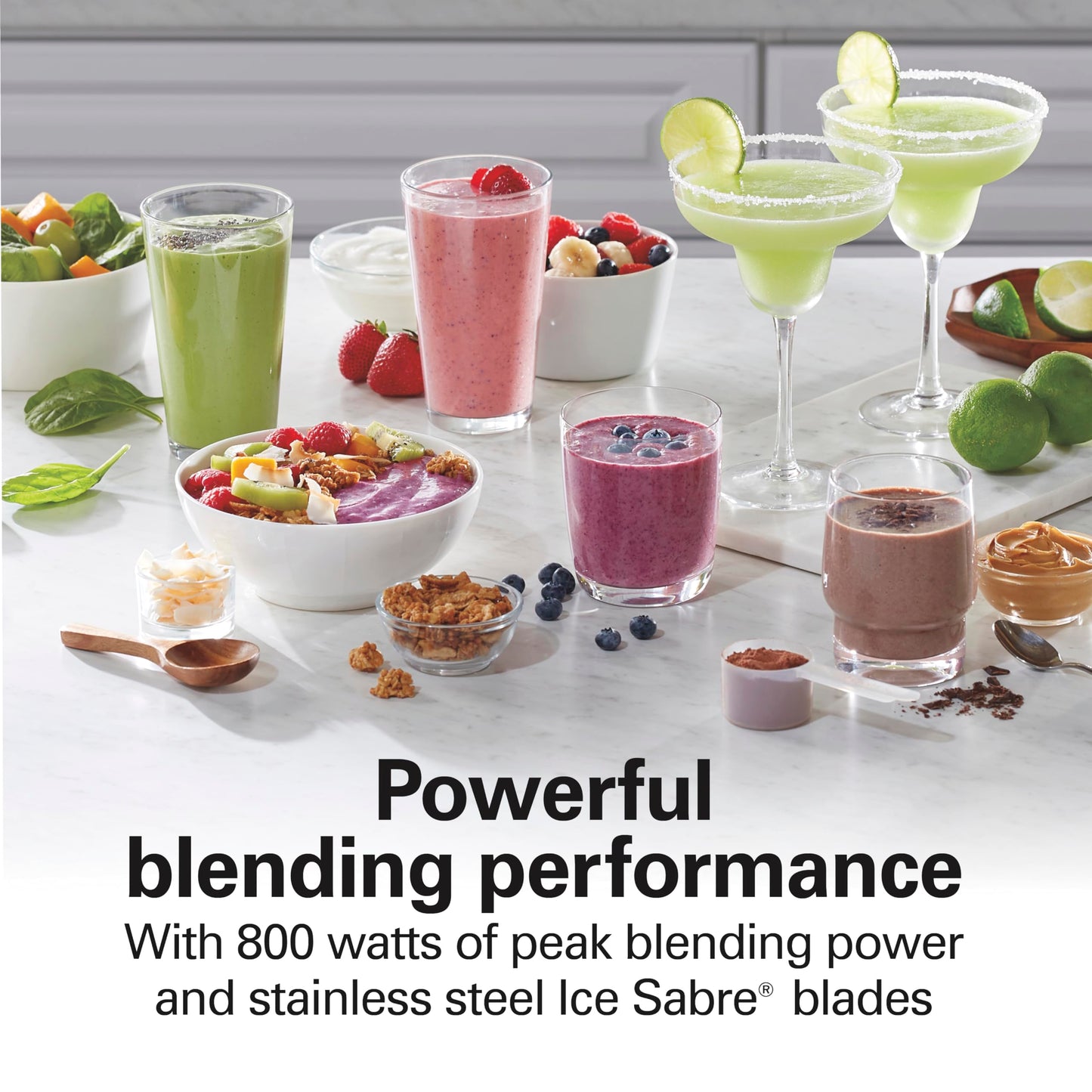 Hamilton Beach Wave Action Blender for Smoothies, Stainless Steel Ice Sabre Blades, 40oz Glass Jar, 20oz Blend-In Portable Travel Jar, 800 Watts, Quiet Design, Gray (58181)