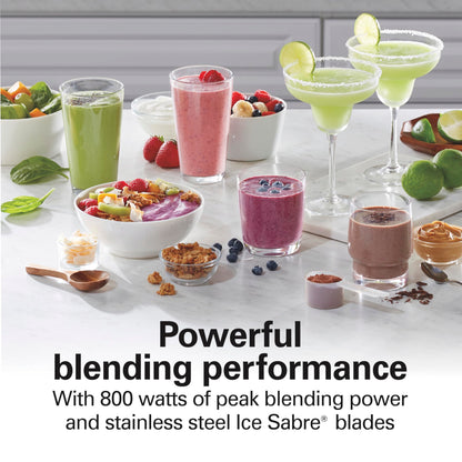 Hamilton Beach Wave Action Blender for Smoothies, Stainless Steel Ice Sabre Blades, 40oz Glass Jar, 20oz Blend-In Portable Travel Jar, 800 Watts, Quiet Design, Gray (58181)