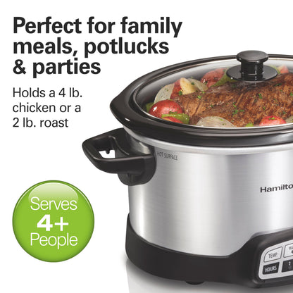 Hamilton Beach 4 Quart Programmable Slow Cooker with Flexible Easy Programming, 5 Cooking Times, Dishwasher-Safe Crock & Lid, Silver (33443)
