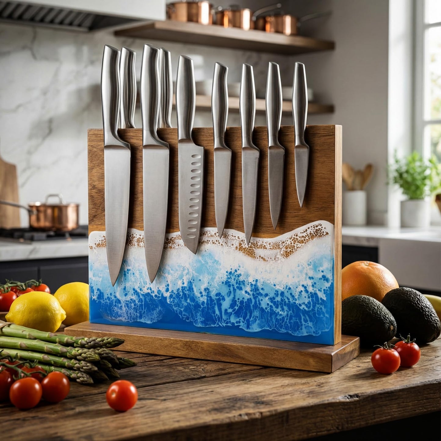 Singhoow Magnetic Knife Block Double Sided Magnetic Knife Board Acacia Wood Blue Resin Ocean River Magnet Knives Holder Stand for Kitchen Storage Counter Gifts for New Home 13 x 10 Inch Without Knives