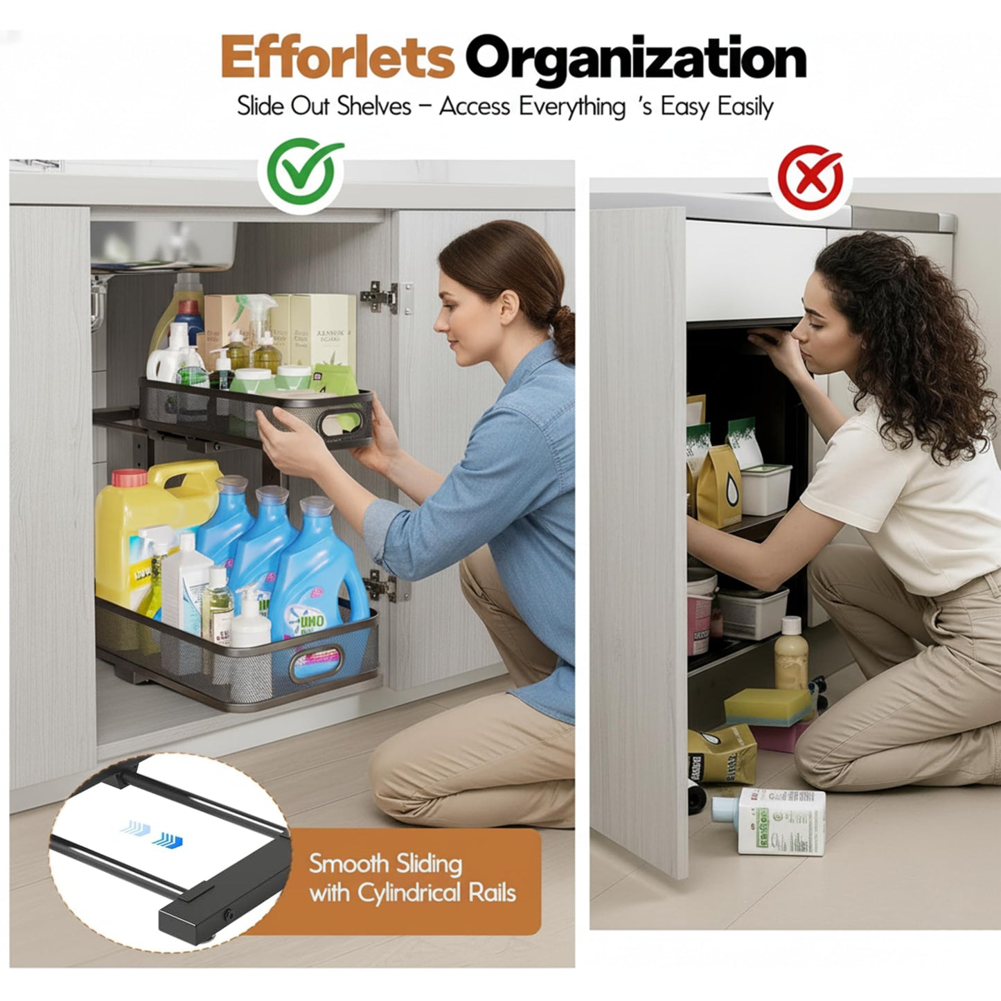ValorTiger 2 Pack Under Sink Organizer, Dual-Layer Pull Out Mesh Cabinet Rack with 5-Level Height Adjustment, Rust-Resistant Sliding Storage for Bathroom & Kitchen, Multi-Purpose 2-Tier Shelf(Black)