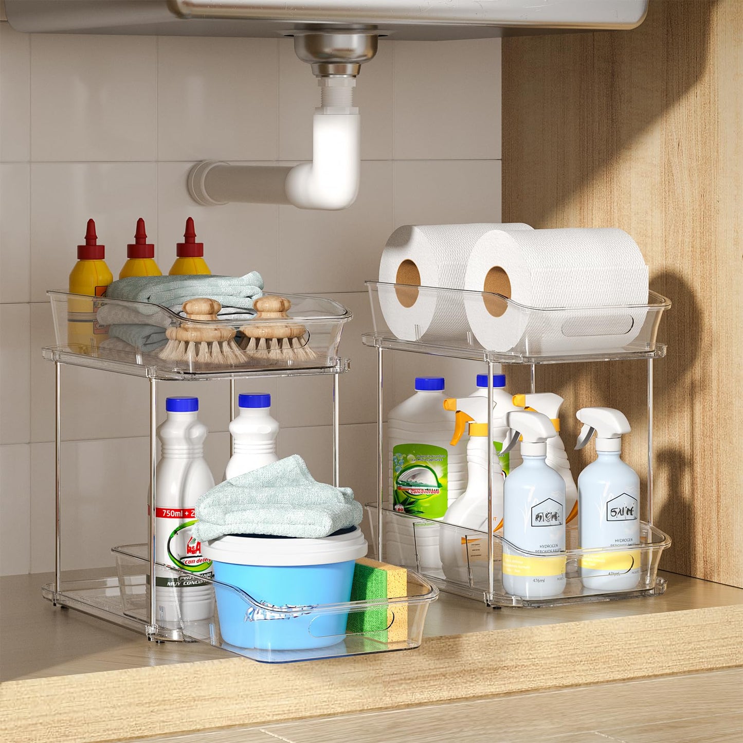 Delamu 2-Tier Under Sink Organizers and Storage, Multi-Purpose Stackable Bathroom Cabinet organizers, Pull Out Kitchen Pantry Organization and Storage with Dividers(4 Pack, Clear)