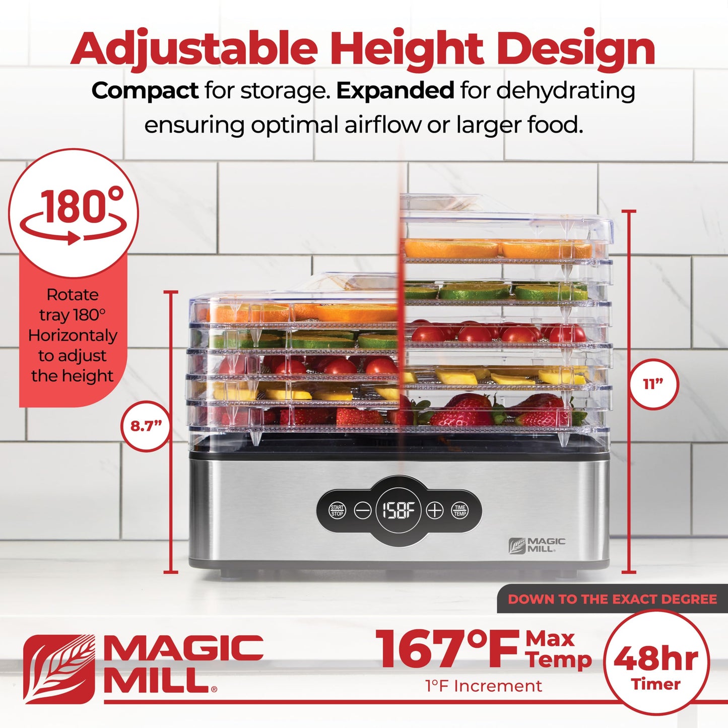 Magic Mill Food Dehydrator Machine | 5 Stackable Stainless Steel Trays, 48H Digital Adjustable Timer & Temperature Control Upto 167° Electric Dryer & Preserver for Jerky, Fruit, Dog Treats & Much More