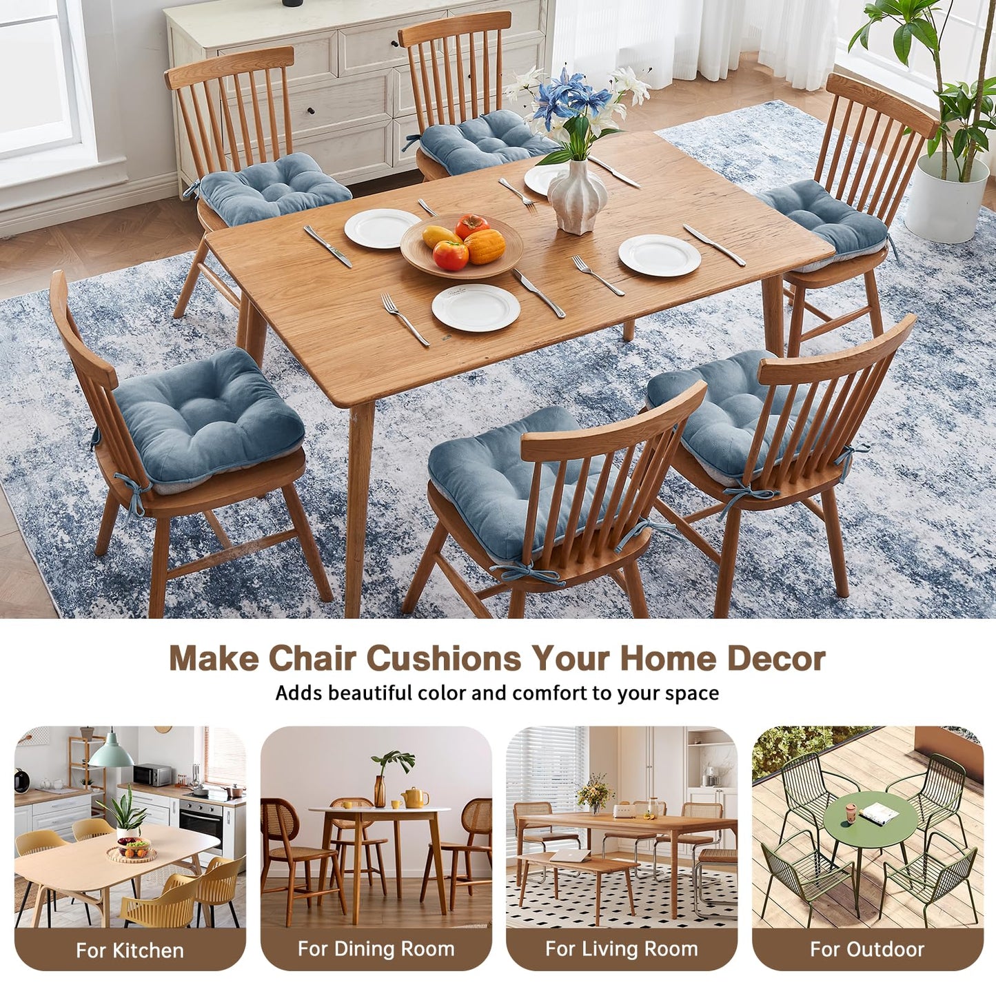 BETU Chair Cushions for Dining Chairs Set of 6,3.5" Thick Kitchen Table Chair Pads with Ties,Non Slip Backing and Covers, Seat Cushion for Dining Room,Bar,Patio Chairs,15.5"X15.5"X3.5",Smoky Blue
