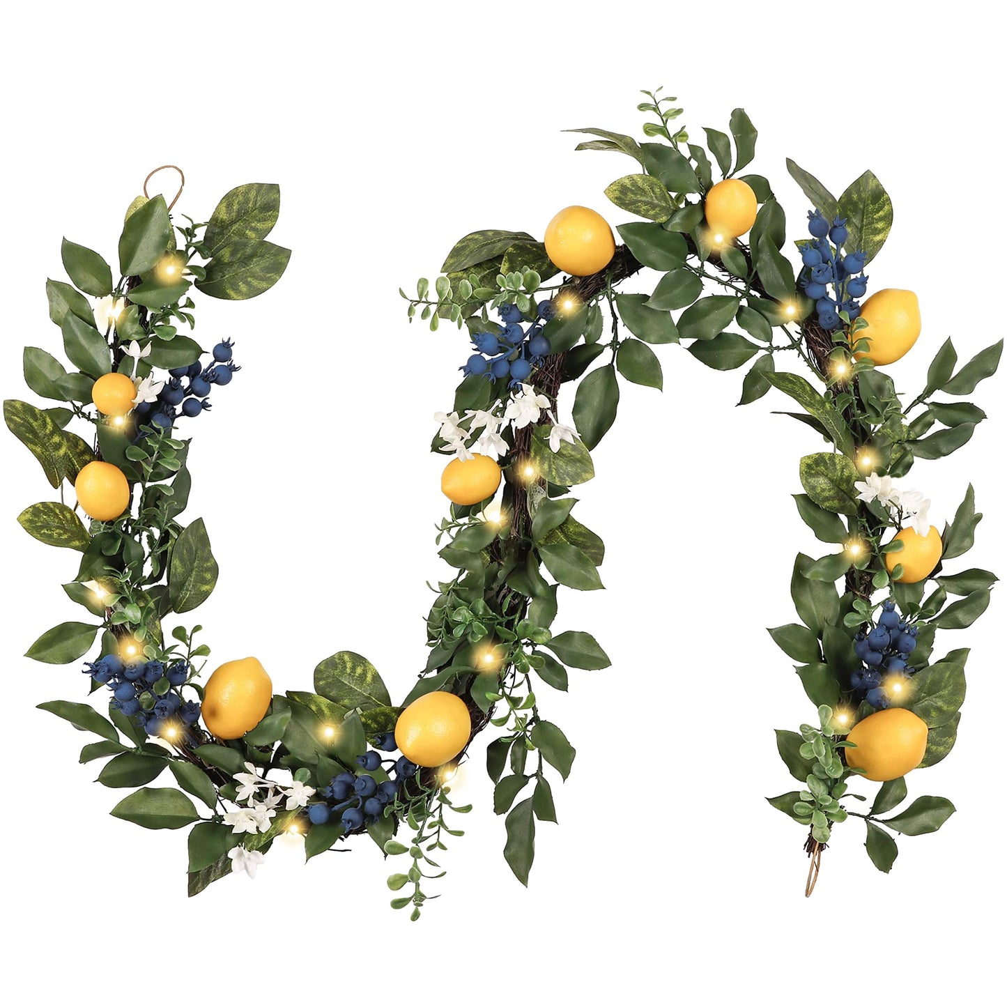 Valery Madelyn 6ft Pre-Lit Lemon Garland with Greenery, Thick Spring Summer Garland for Mantle with Lights, Artificial Fruit Vine for Stairs Fireplace Table, Farmhouse Kitchen Home Wall Party Decor