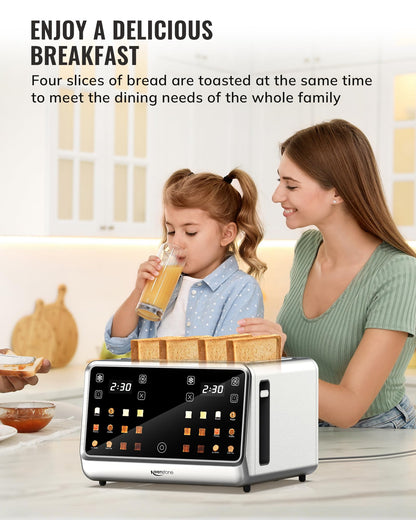 Toaster 4 Slice with TouchScreen, Memory Function & Single-Slot Focus, Keenstone 1800W Smart Digital Toaster for Ultimate Control, Wide Slot to Reheat & Defrost Bagels, Bread, Waffles, Stainless Steel