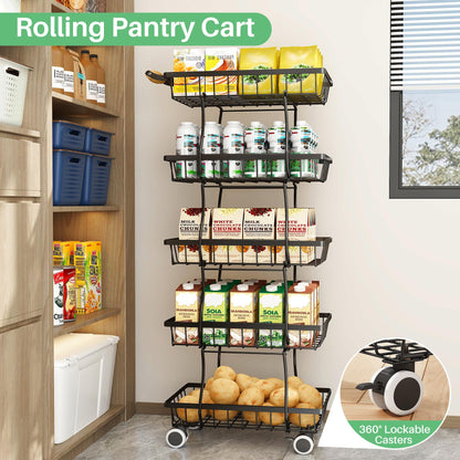 SAYZH Fruit Basket Kitchen Pantry Organizers and Storage - 5 Tier Stackable Metal Wire Basket Stand for Fruit Vegetable Snacks Jars Bins Containers Organization, (Black, 5 Tiers)