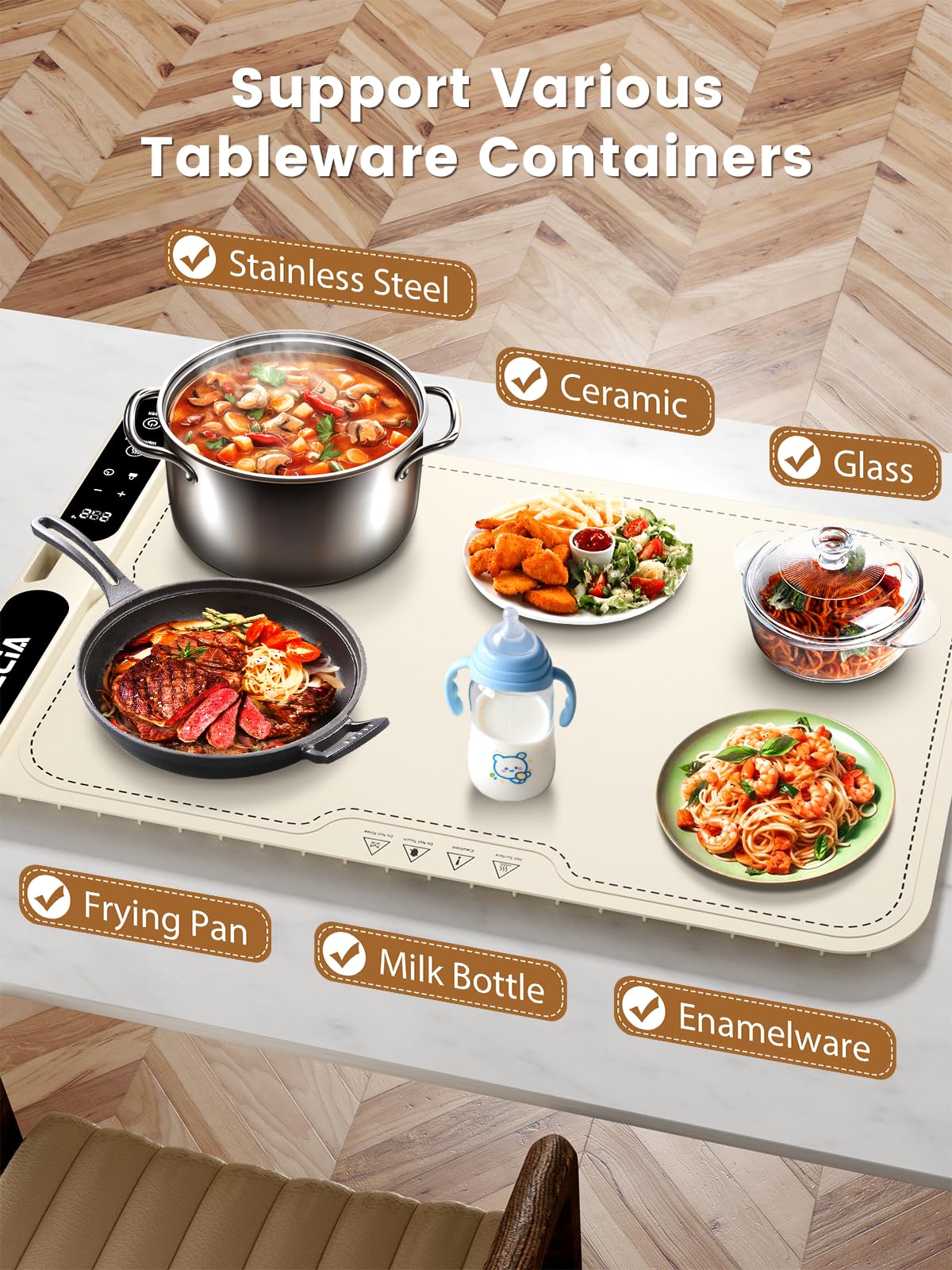 Food Warming Mat Electric Heating - Portable Silicone Warming Tray with 7 Temperature Settings and 8 Hours Timer for Party Buffet Home Travel Kitchen (23.6"x15",Beige)