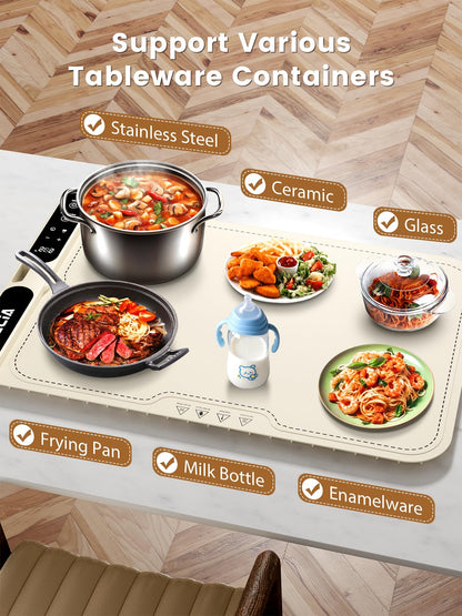 Food Warming Mat Electric Heating - Portable Silicone Warming Tray with 7 Temperature Settings and 8 Hours Timer for Party Buffet Home Travel Kitchen (23.6"x15",Beige)