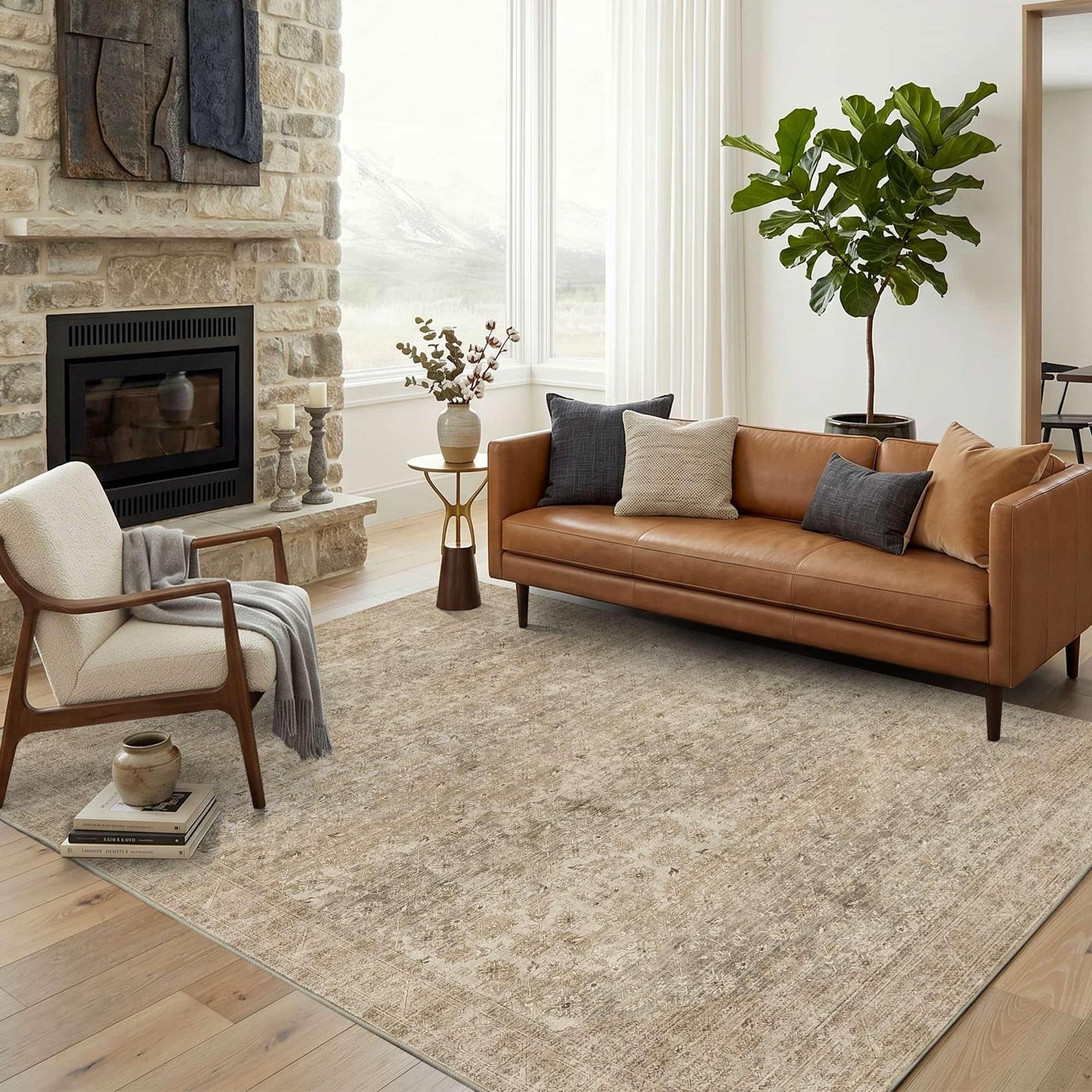 Washable Large Area Rugs for Bedroom, 5x7 Neutral Beige Boho Vintage Stain Resistant Non Slip Low Pile Lightweight Carpet for Living Room Kitchen Dining Room Farmhouse Nursery Kids Room Home Office