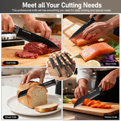 16-Piece Kitchen Knife Block Set with Cutting Board - German Stainless Steel Knives, Built-In Sharpener, Dishwasher Safe, Anti-Slip Handle - All-in-One Cutlery Set for Home/Kitchen (Black)
