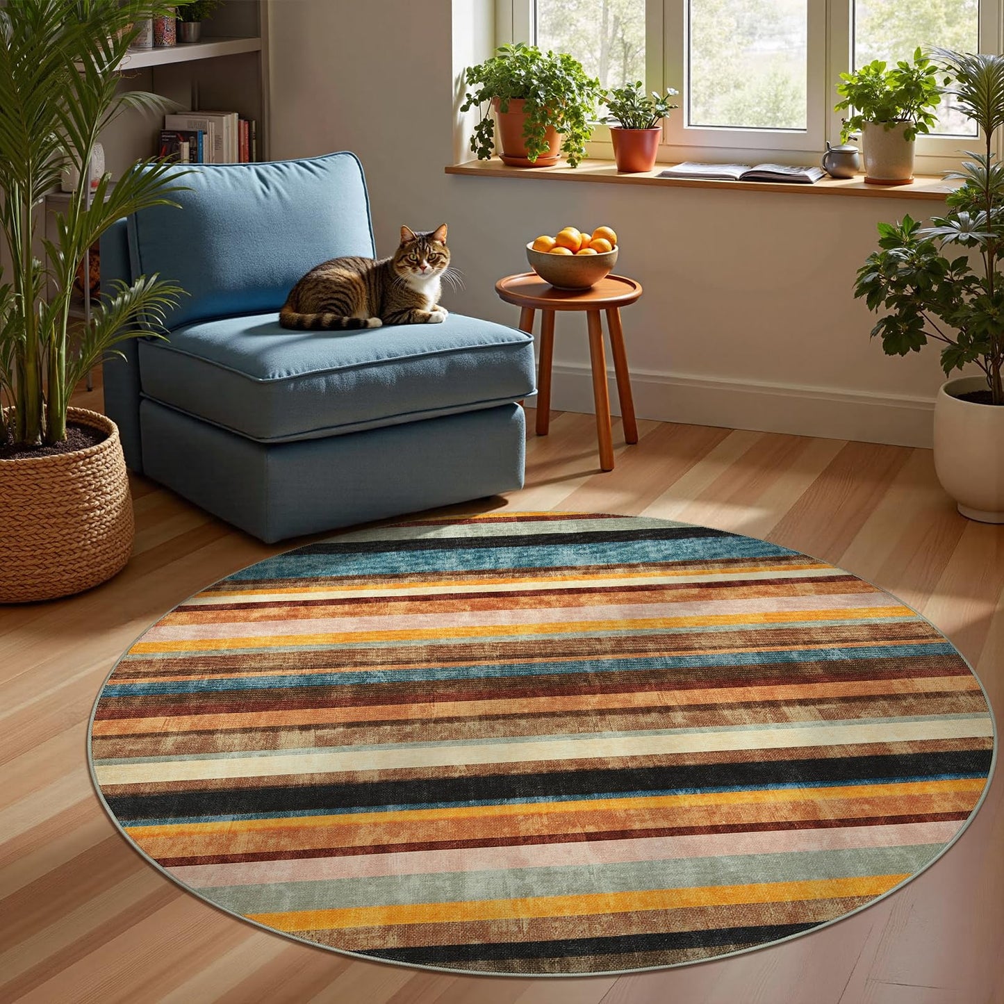jinchan Round Rug 5ft Area Rug Modern Striped Rug Washable Rug Soft Large Indoor Floor Cover Non Slip Colorful Carpet for Bedroom Kitchen Dining Room Home Office, Pine Dawn