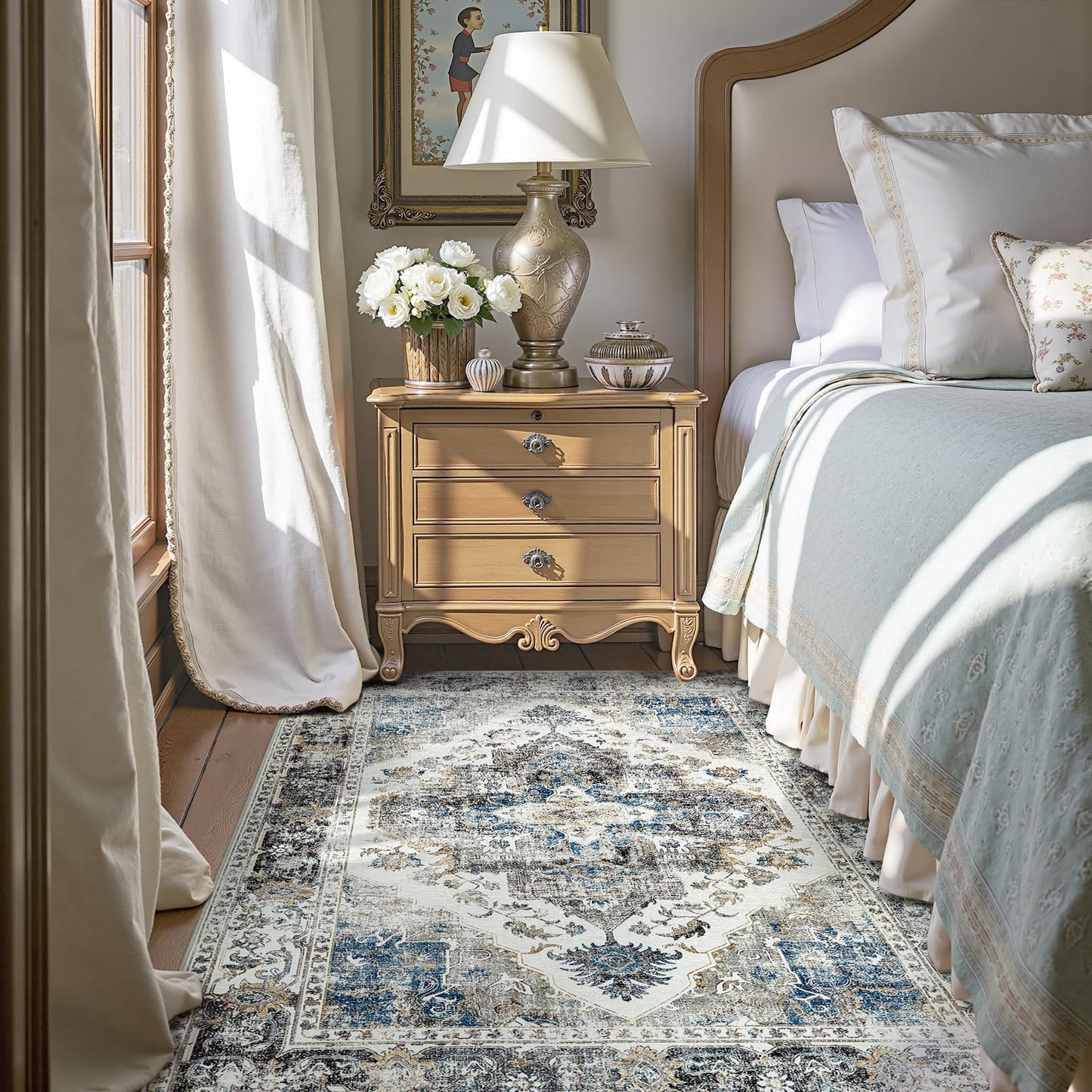 jinchan 4x6 Area Rug Vintage Washable Non-Slip Rug for Living Room Bedroom Dining Room Kitchen Home Office Thin Elegant Retro Lightweight Chenille Rug Blue Grey