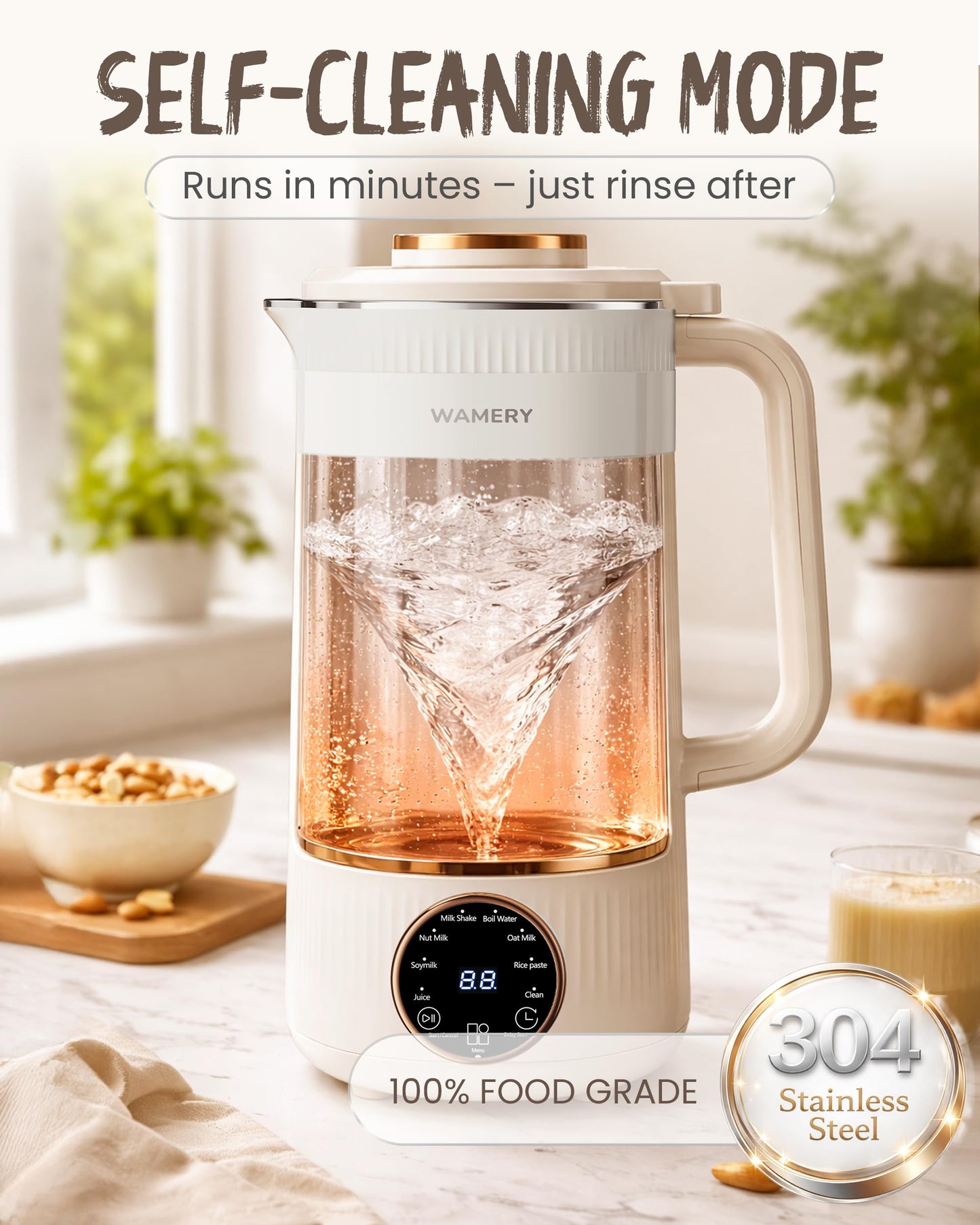 Wamery 32oz Nut Milk Machine (Black) - Soy Milk Maker for Almond & Oat, Fruit Blender, Automatic Heated Programs, Self‑Cleaning, Delay Start, Keep Warm & Boil Water, 1‑Liter Capacity with Starter kit