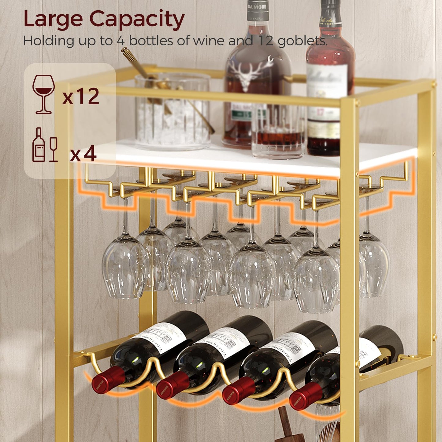 MAHANCRIS Bar Cart for Home, Mini Rolling Wine Cart, 3 Tier Serving Cart, Kitchen Storage Cart with Wine Rack and Glass Holders, for Kitchen, Dining Room, Living Room, Gold and White RCJW9301
