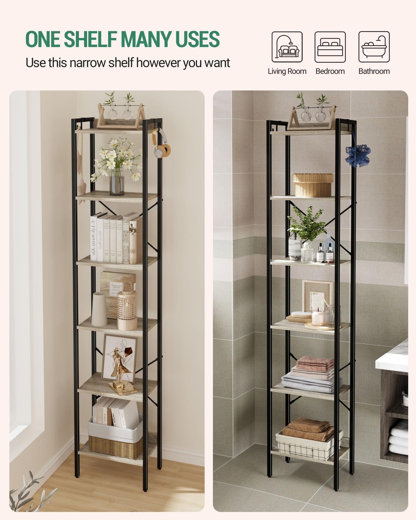 Hzuaneri Bookshelf, Book Shelf, Industrial Bookcase with 2 Hooks, Coner Shelf Storage Organizer for Home Office, Living Room, Bedroom, Kitchen, 6-Tier Greige BC10705B
