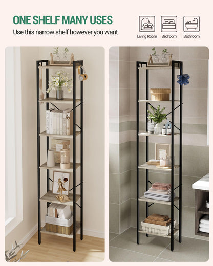 Hzuaneri Bookshelf, Book Shelf, Industrial Bookcase with 2 Hooks, Coner Shelf Storage Organizer for Home Office, Living Room, Bedroom, Kitchen, 6-Tier Greige BC10705B