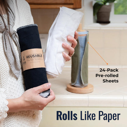 Zero Waste Reusable Paper Towels, Organic Cotton Flannel Wipes for Kitchen, Bathroom, Hand Drying, Pet Messes, and Counter Cleaning, Grey Tones, 24-Pack Gift Set