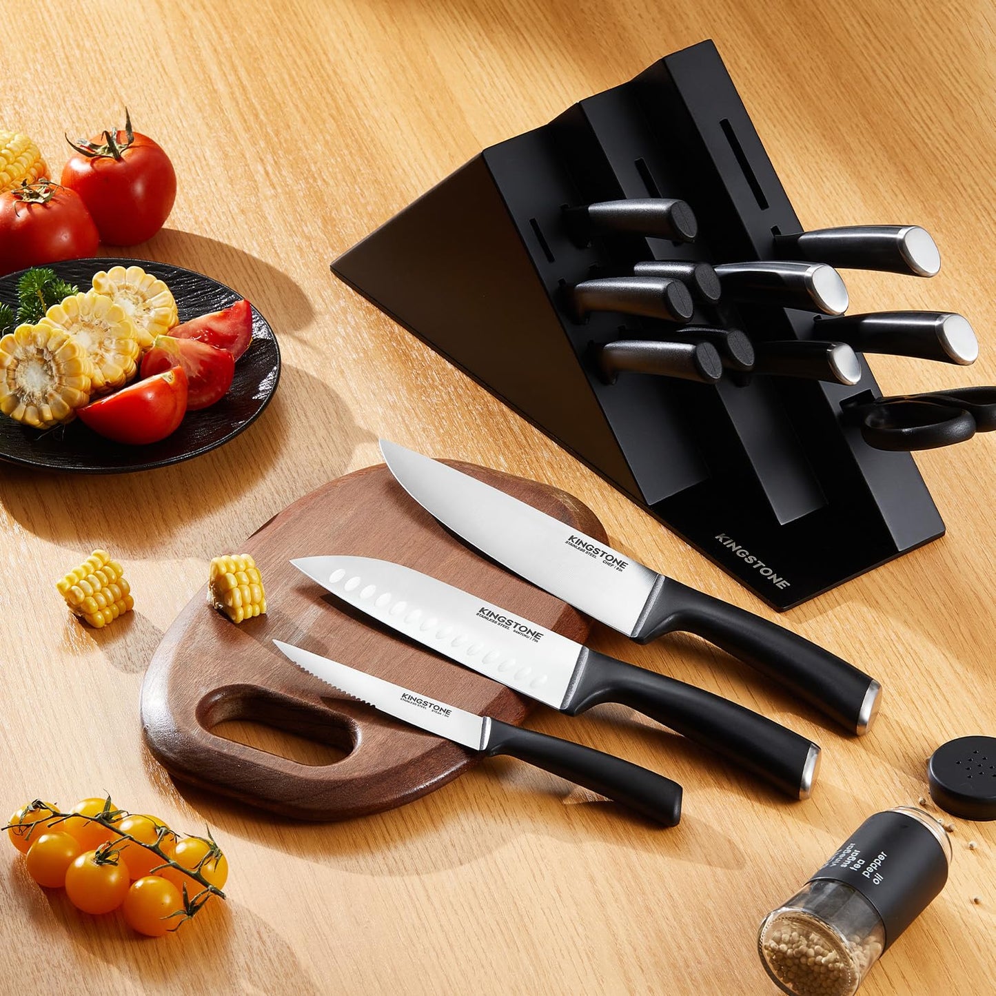 KINGSTONE 14-Piece Kitchen Knife Set with Block, High-Carbon Stainless Steel Knives Set, Ergonomic Non-Slip Handle, Professional Knife Set for Kitchen for Home Cooking & Gifting, Black