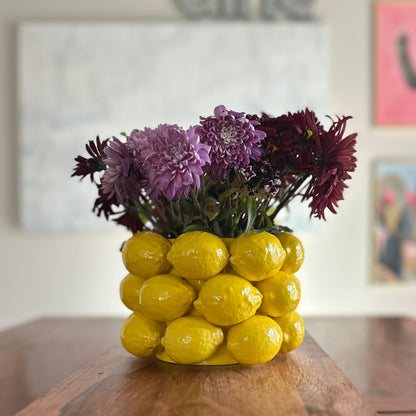 PeachiiPitt Lemon Vase -Cheery Yellow Ceramic French/Mediterranean Style Unique Vase with 3D Lemon Design- Lemon Kitchen Decor - Lemon Themed Housewarming Gift for her
